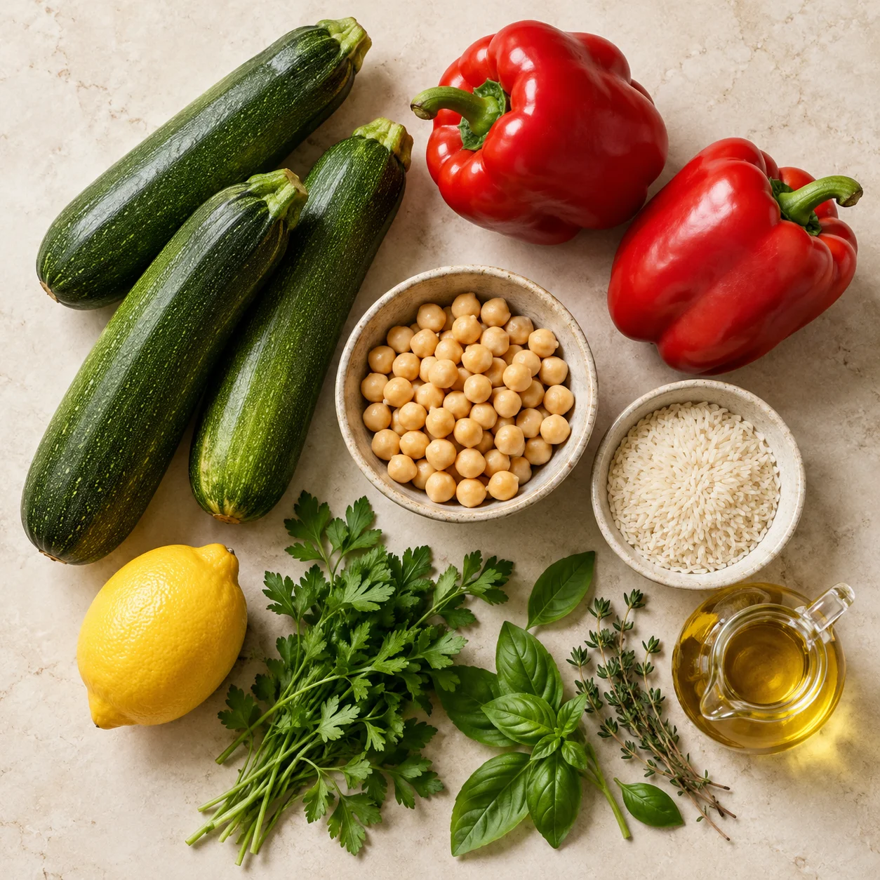 Illustrative ingredients arranged on a stone surface
